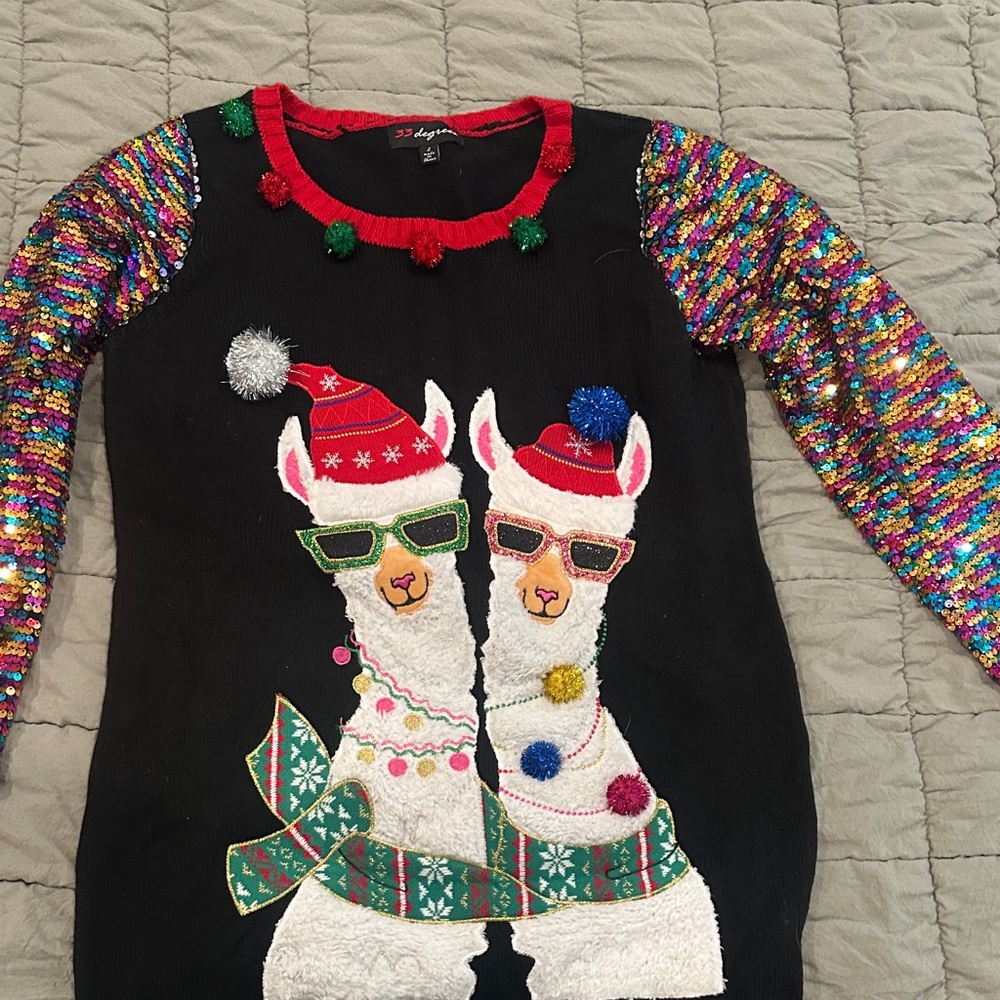 Festive Llama Sweater with Colorful Sequined Sleeves